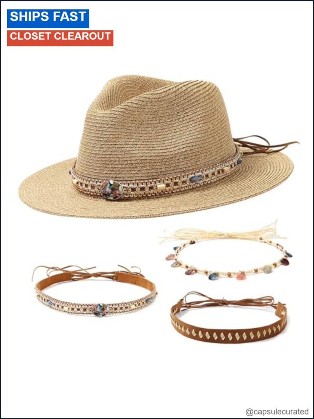 Western Straw Cowboy Hat Wide Brim Sun Hat 3 Beaded Bands Adjustable